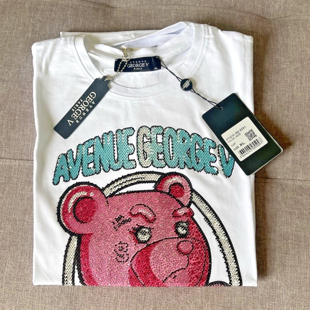 Avenue George V Paris T-Shirt Men's White Short Sleeve Tee Rhinestone XL L 2XL - Picture 3 of 5